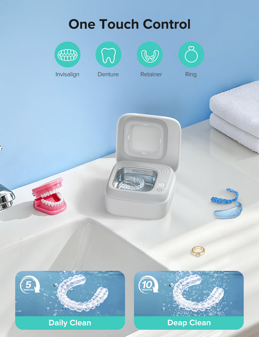 Ultrasonic Retainer Cleaner, Rechargeable Retainer Cleaner Machine, 50kHz Ultrasonic Cleaner for Night Guards, Mouth Guards, Dentures, Braces, Aligner, 170ML, 2 Modes