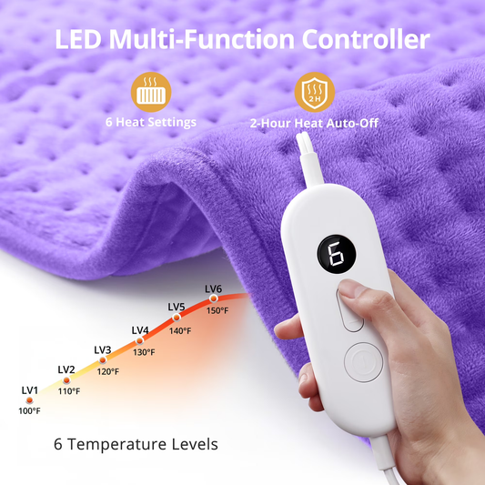 TaoTronics Extra Large Electric Heating Pad for Back, Neck, and Shoulders - 6 Fast Heat Settings, Auto Off, Machine Washable - 33''×17'' - Purple