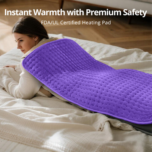 Large Electric Heating Pad 17" x 33" for Back, Neck and Shoulder Relief, Soft Flannel Heated Pad with Moist & Dry Heat, 6 Heat Settings, 120-Min Auto Shut-Off, Machine Washable, Purple