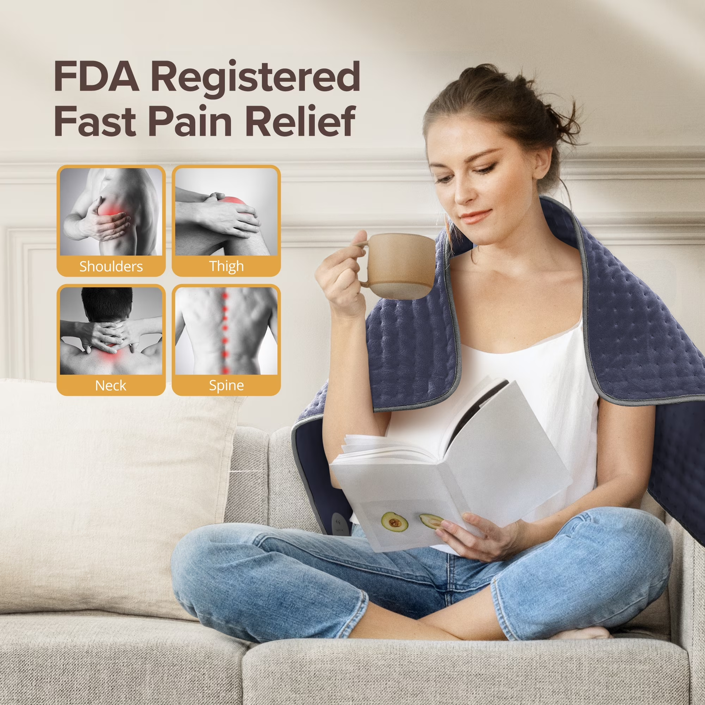 SII-BD001 Extra Large Electric Heating Pad for Back, Neck, and Shoulders - 6 Fast Heat Settings, Auto Off, Machine Washable - 33''×17'' - Navy