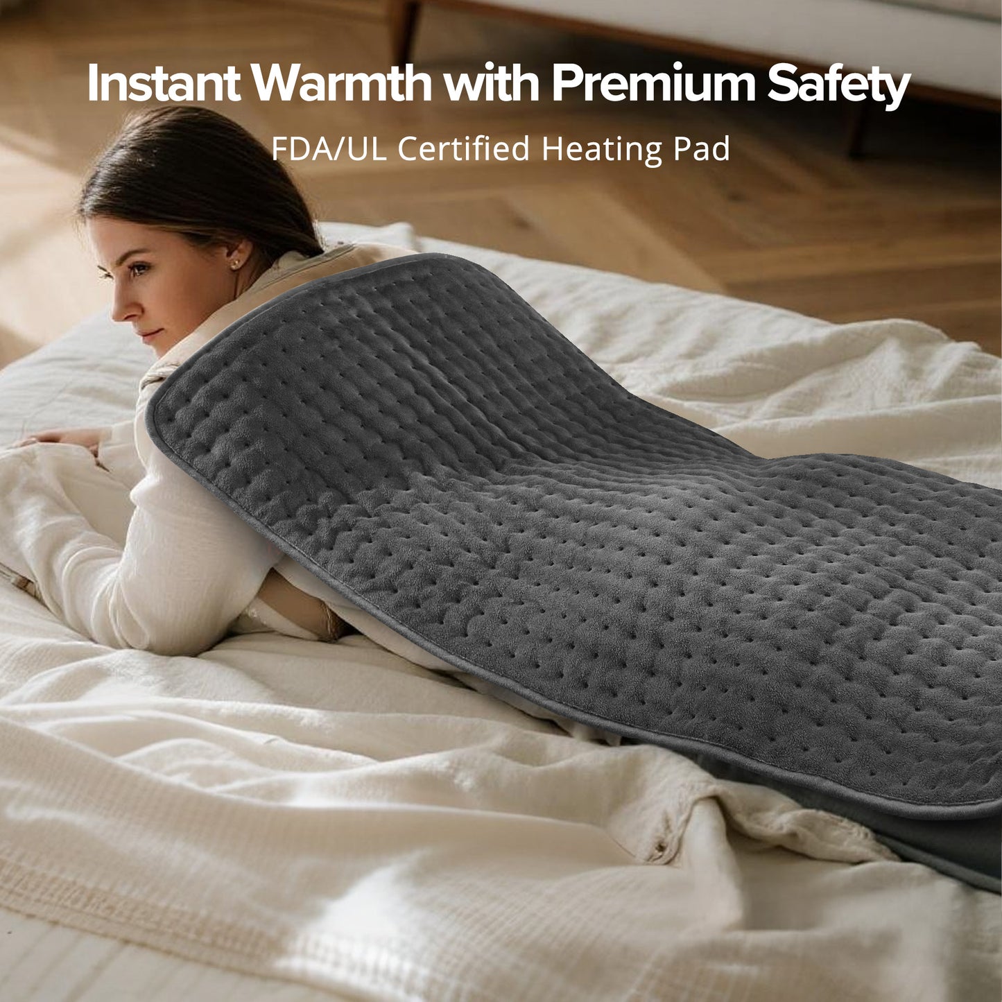 Large Electric Heating Pad 17" x 33" for Back, Neck and Shoulder Relief, Soft Flannel Heated Pad with Moist & Dry Heat, 6 Heat Settings, 120-Min Auto Shut-Off, Machine Washable,  Gray