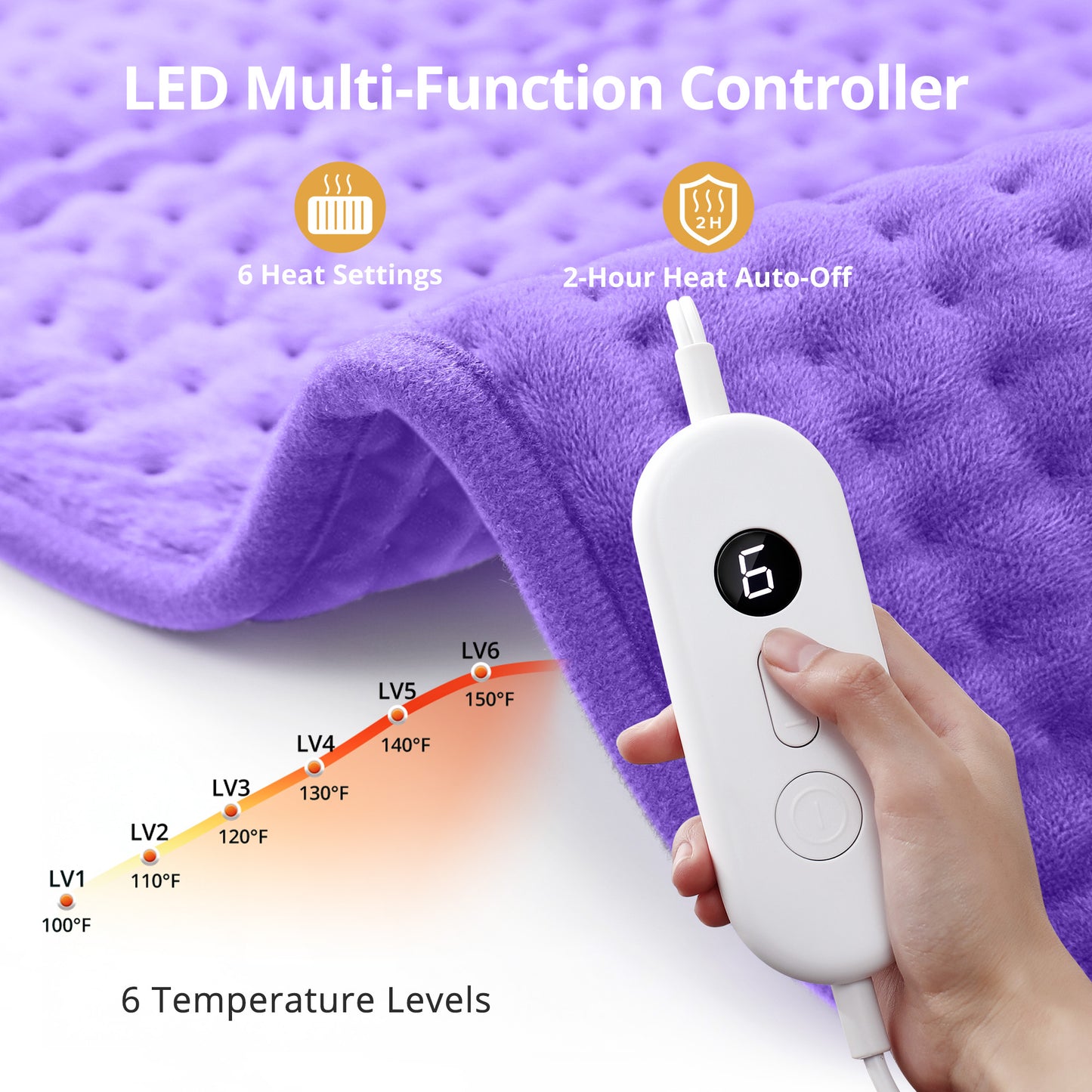 Large Electric Heating Pad 17" x 33" for Back, Neck and Shoulder Relief, Soft Flannel Heated Pad with Moist & Dry Heat, 6 Heat Settings, 120-Min Auto Shut-Off, Machine Washable,  Purple