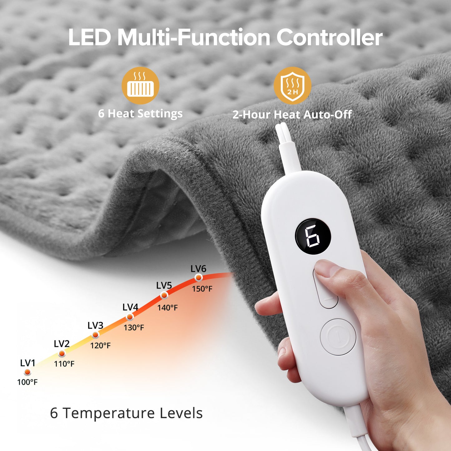 Large Electric Heating Pad 17" x 33" for Back, Neck and Shoulder Relief, Soft Flannel Heated Pad with Moist & Dry Heat, 6 Heat Settings, 120-Min Auto Shut-Off, Machine Washable,  Gray
