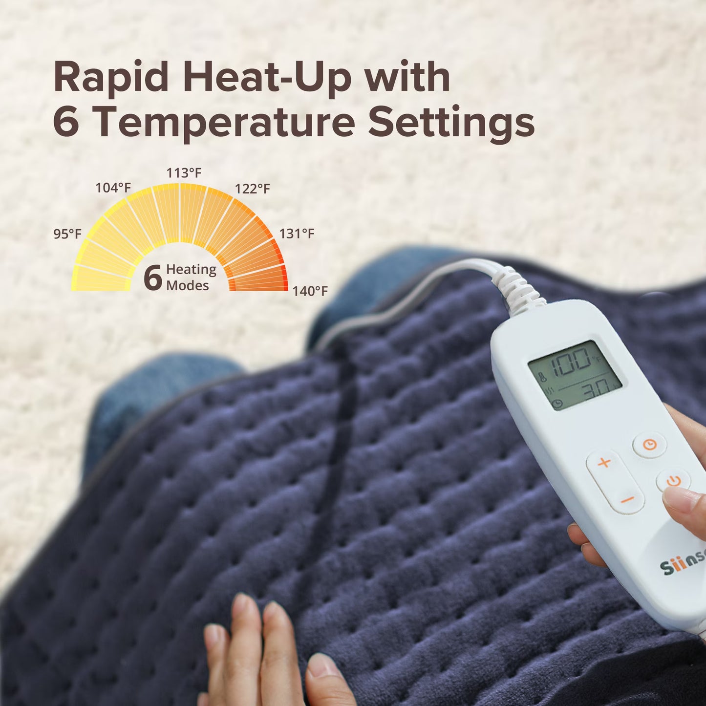 TaoTronics Extra Large Electric Heating Pad for Back, Neck, and Shoulders - 6 Fast Heat Settings, Auto Off, Machine Washable - 33''×17'' - Navy