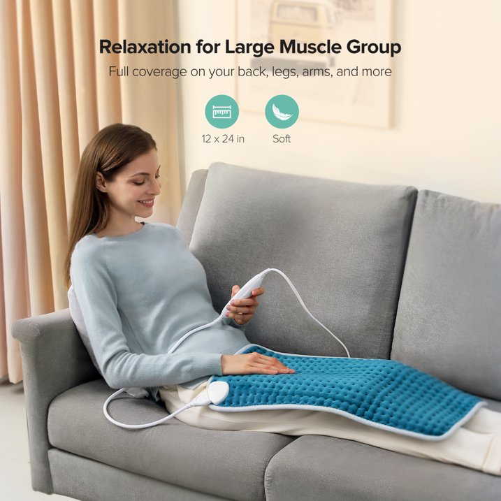 Electric Heated Pad 12 x 24'' Fast Heating Pad for Back Shoulder Arm Leg Relief 6 Temperature Levels 2hrs Auto Shut-Off, Machine Washable, Moist Dry Heat Options