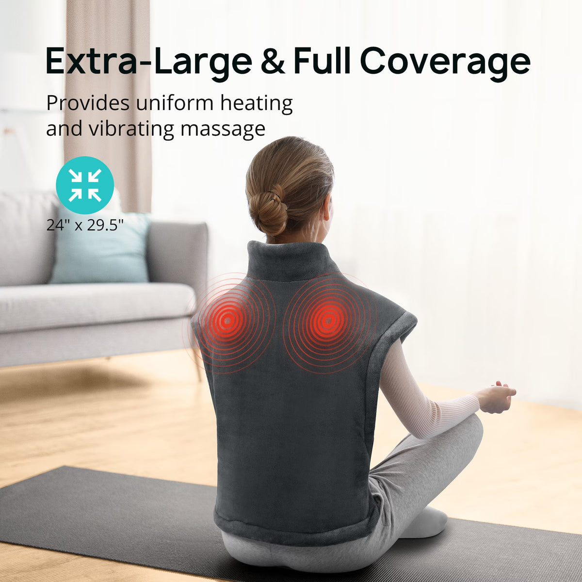 Heating Pad for Back Pain Relief, 24" x 29.5" Large Size Electric Heating Pad for Neck, Back, Shoulders with 3 Heat Levels, 6 Massage Settings, 2H Auto Shut-Off, Gray